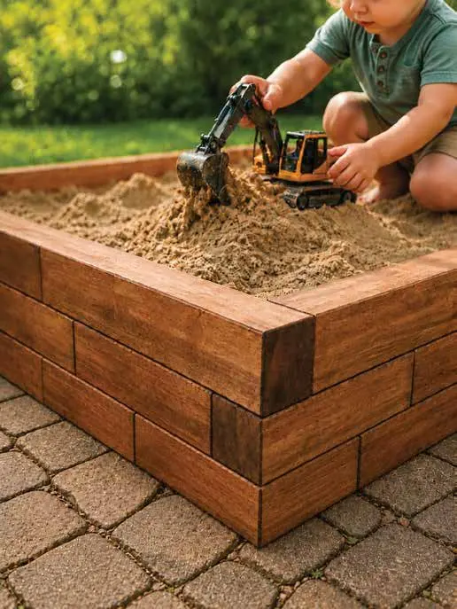 Bērns spēlējas ar rotaļu ekskavatoru GardenBlocks priedes smilšu kastē